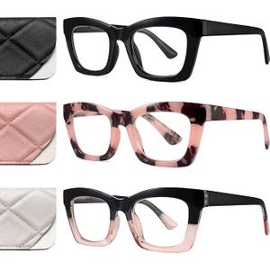CCVOO 3 Pack Blue Light Blocking Glasses for Women, Computer/Gaming/Phone Glasses, Oprah Spring Hinge Fashion Square Glasses, 4.0