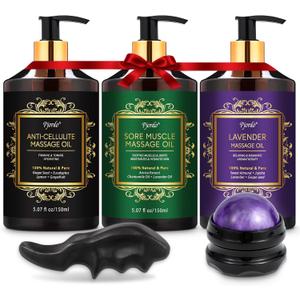 3 Pack Massage Oil for Massage Therapy, Lavender Oil for Relaxation, Sore Muscle Arnica Oil & Cellulite Massage Oil, with Massage Roller Ball & Thumb Saver Tool, Massage Kit for Him Her
