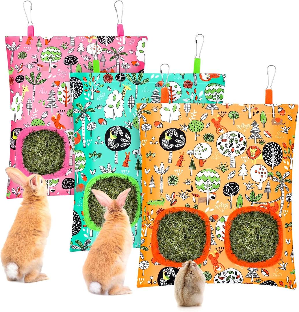 UPINS 3 Hay Bag for Rabbits 2-Hole Hanging Hay Feeder Guinea Pig Hay Bags, Hay Feeder for Chinchillas Rabbits Hamsters Small Pets and Animals(Forest Color System)