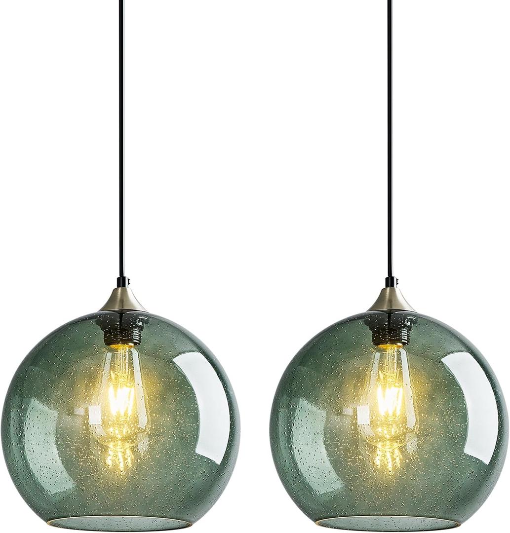 Gray Green Glass Pendant Lights Kitchen Island Lighting Globe Pendant Light Fixtures Modern Pendant Lighting for Kitchen Island Bedroom Living Dining Room Light Fixture(9.84in, 2-Pack)