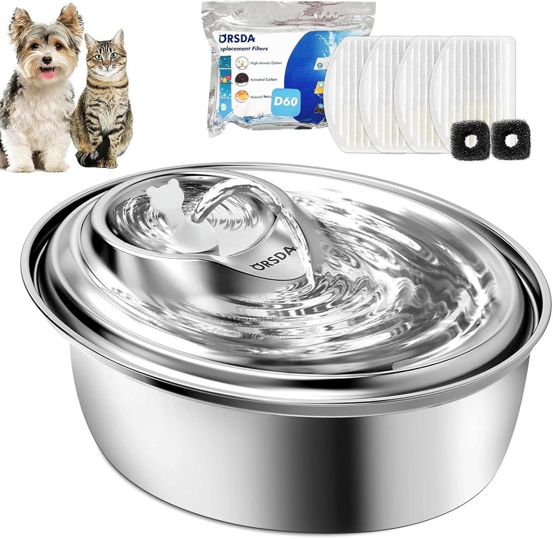 ORSDA Cat Water Fountain Stainless Steel, 3L Automatic Pet Drinking Fountain for Cats Inside, Dog Water Dispenser with Adjustable Water Flow and 6 Replacement Filters for Cats, Dogs