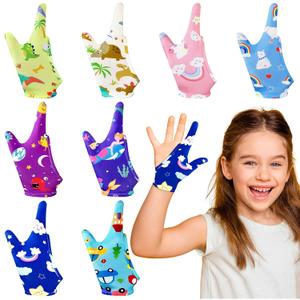 Janmercy 16 Pcs Thumb Sucking Stop for Kids Chewy Gloves Stop Breathable Thumb Guard for Nail Biting Gloves Cute Finger Sucking Stopper for Kids, 8 Style, 2 Finger(8-12 Years)