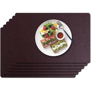 Vinyl Placemats Set of 6-1217.7 Inch Waterproof & Heattable Placemats, Fall Faux Leather Wipeable Outdoor Table Mat for Dining, Kitchen, Indoor Outdoor Use (Coffee, Cowhide Grain)