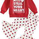 Toddler Baby Girl Valentines Outfit Daddy 's Valentine Crewneck Sweatshirt Shirts Flare Pant Valentines Clothes (12-18 Months, Red - Miss. Steal Your Heart)
