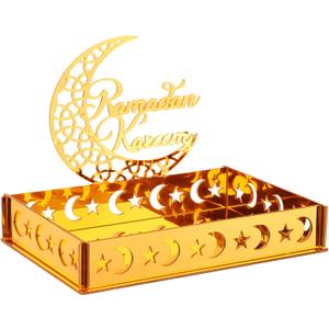 DoubleFill Ramadan Serving Tray Gold Eid Mubarak Holder Al-fitr Home Decoration for Moon Star Tray Gold Container for Home Islamic Muslim Party Tableware Kitchen Dessert Food Storage(Ramadan Kareem)