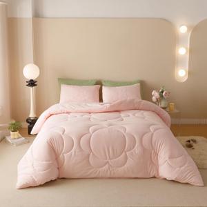 Houseri Pink Floral Comforter Set Full Sunflower Baby Pink Fluffy Quilted Comforters Full Size Light Pink Comfy Soft Bedding Sets