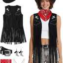SOMSOC 7Pcs Cowgirl Outfits for Women Western Costume Accessories Cowboy Hat Belt Tassels Vest Bandana Set for Hippie Cosplay, M