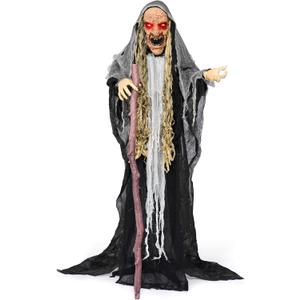 JOYIN 65 Halloween Decorations Outdoor Animatronics Standing Hunchback Witch with Light Creepy Sound Decor, Radar Motion Activated Scary Haunted House Prop for Yard Lawn Garden Outside Indoor