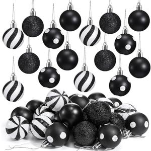 24 Pcs Christmas Black and White Ball Ornaments Hanging Glitter Shatterproof Balls Mini Plastic Christmas Tree Stripe Dot Ball Decorations for Holiday Party Decor, 1.57 Inch