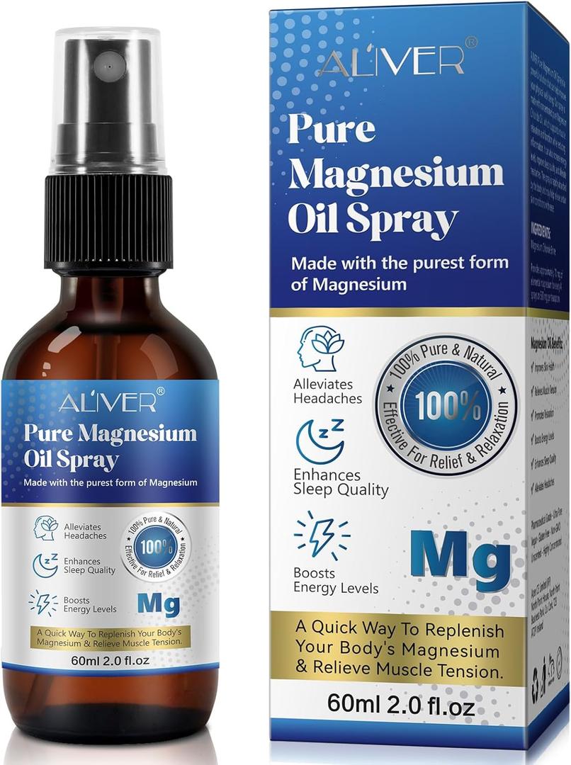 Magnesium Oil Spray, 100% Pure Magnesium Chloride, Magnesium Spray for Feet, Alleviates Headaches, Boosts Energy Levels, Relieves Muscle Tension 60ml (Pack of 2)