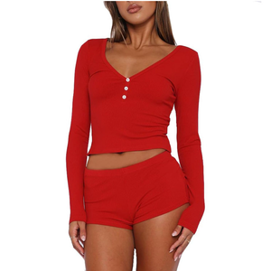 RUEWEY Womens Ribbed Knit Pajama Sets Long Sleeve Top and Shorts Matching Lounge Set PJ Set 2 Piece Outfits, Small