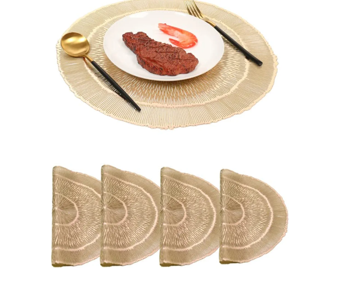 YOU GLOW GIRL Round Gold Placemats,4 Pack Washable Easy Clean Wipeable Non-Slip Stain Heat Resistant Dinning Table Place Mats for Wedding Party Festival Decoration (Golden, E-Style)