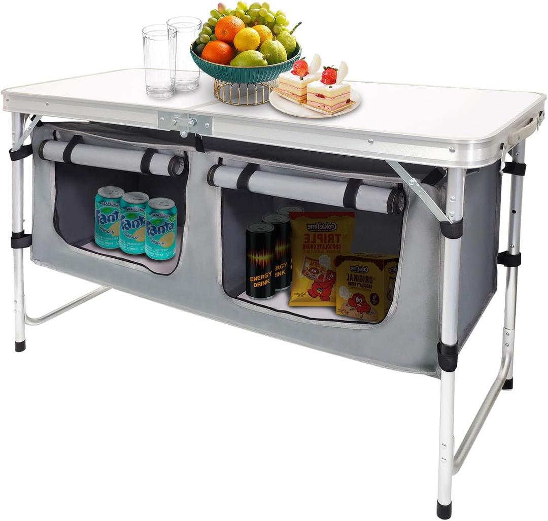 CampLand Outdoor Folding Table Aluminum Lightweight Height Adjustable with Storage Organizer for BBQ, Party, Camping (White)