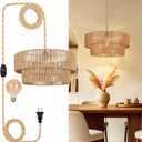 17.7" Plug In Boho Rattan Pendant Light with 16.4FT Dimmable Hemp Rope Cord, Hand Woven Drum Pendant Lights Kitchen Island, Farmhouse Hanging Lamp for Dining Room Bedroom Living Room (Bulb Included)
