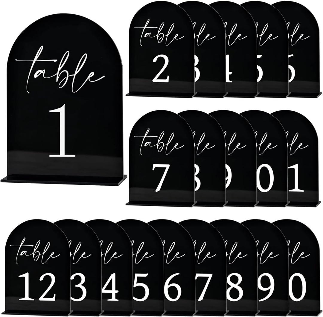 Arch Wedding Table Numbers 1-20 with Stands - Double-Sided Printed 5 x 7 Arch Acrylic Signs with Holder, Black Acrylic Table Numbers for Wedding Receptions, Parties, Anniversaries, Events