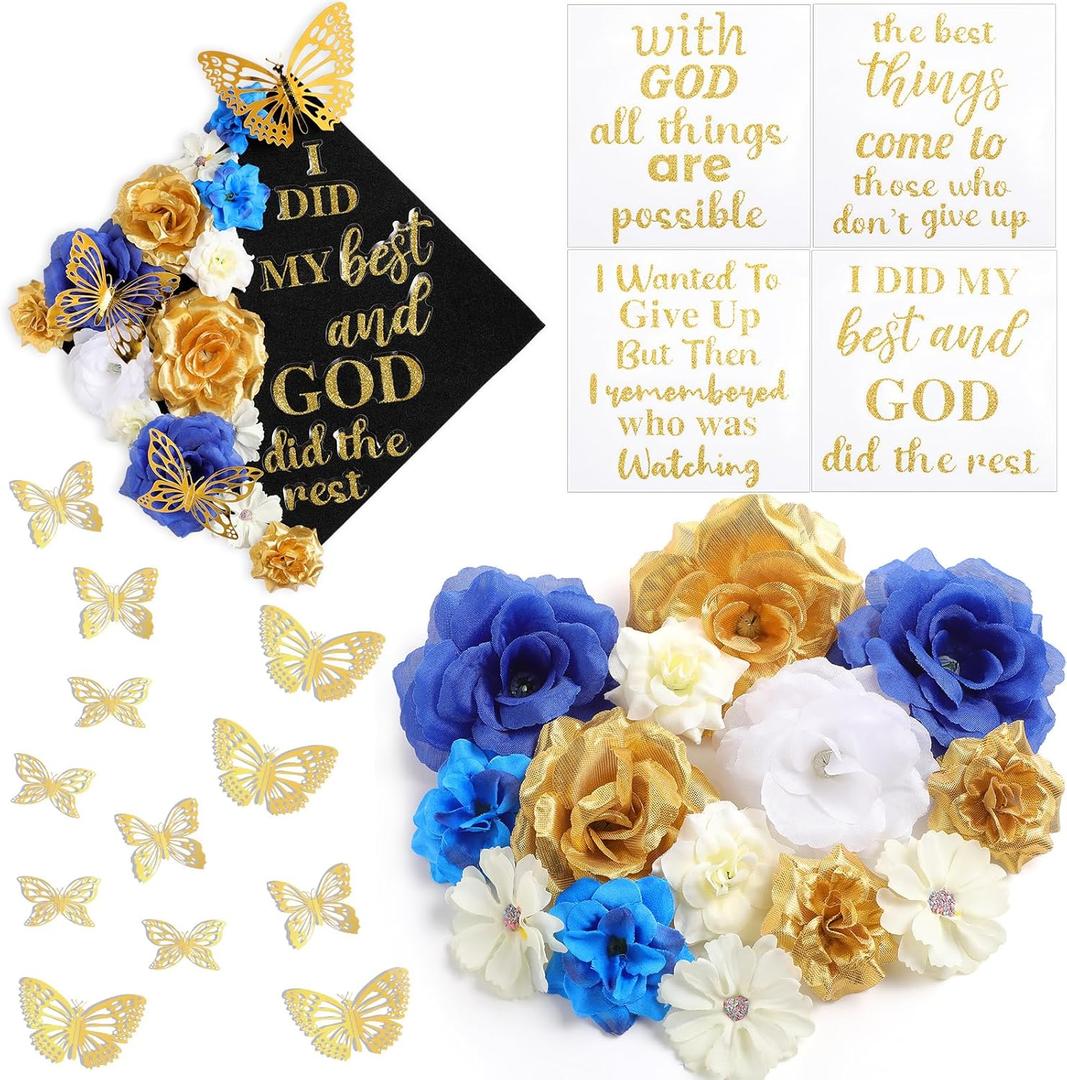 Knitgrip 31 Pcs DIY Graduation Cap Decorations Kit Faux Flower Heads 3D Butterfly Stickers Graduation Quotes Glitter Decals for Grad Hat Topper Graduations Party Supplies(Blue, White, Gold)