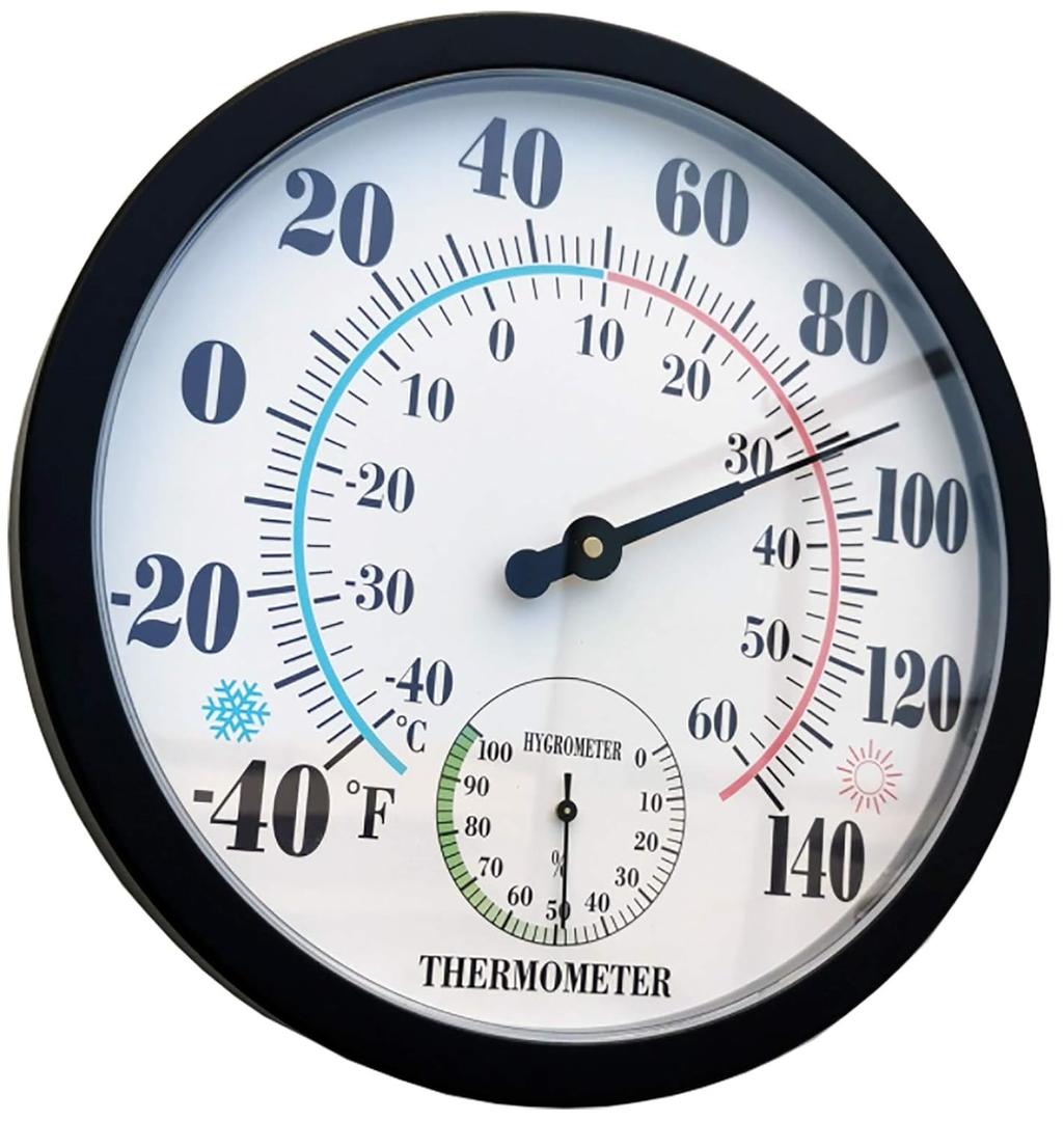Indoor Outdoor Thermometer Large Wall Thermometer-Hygrometer Waterproof Does not Require Battery (Black) (10 Inch)
