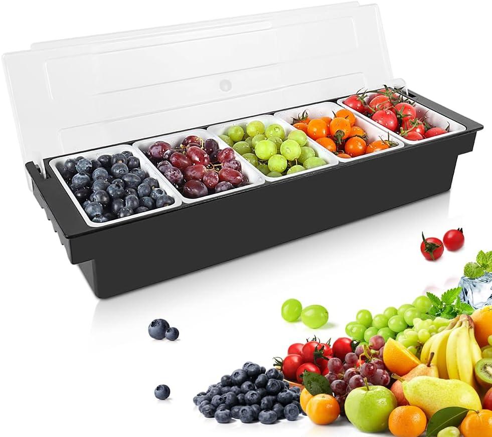 Condiment Garnish Tray Caddy For Bartenders,Bar Garnish Fruit Caddy With Lid,Plastic Condiment Container For Bartending,Outside Parties (5 Compartment)