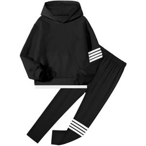 NECIOUS Girls Clothes Size 7 8 Girls Fall Outfits Winter 2 Piece Fashion Contrast Stripes Black Hoodie Tops Leggings Pants Kids Clothing Sets (Black)
