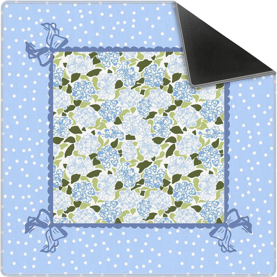 Coquette Blue Hydrangea Mahjong Mat 31.5" x 31.5",Blue and Green Floral Non-Slip Noise Reduction Mahjong Table Cover Accessories and Supplies for Dominoes Poker Card Board and Tile Games Gifts