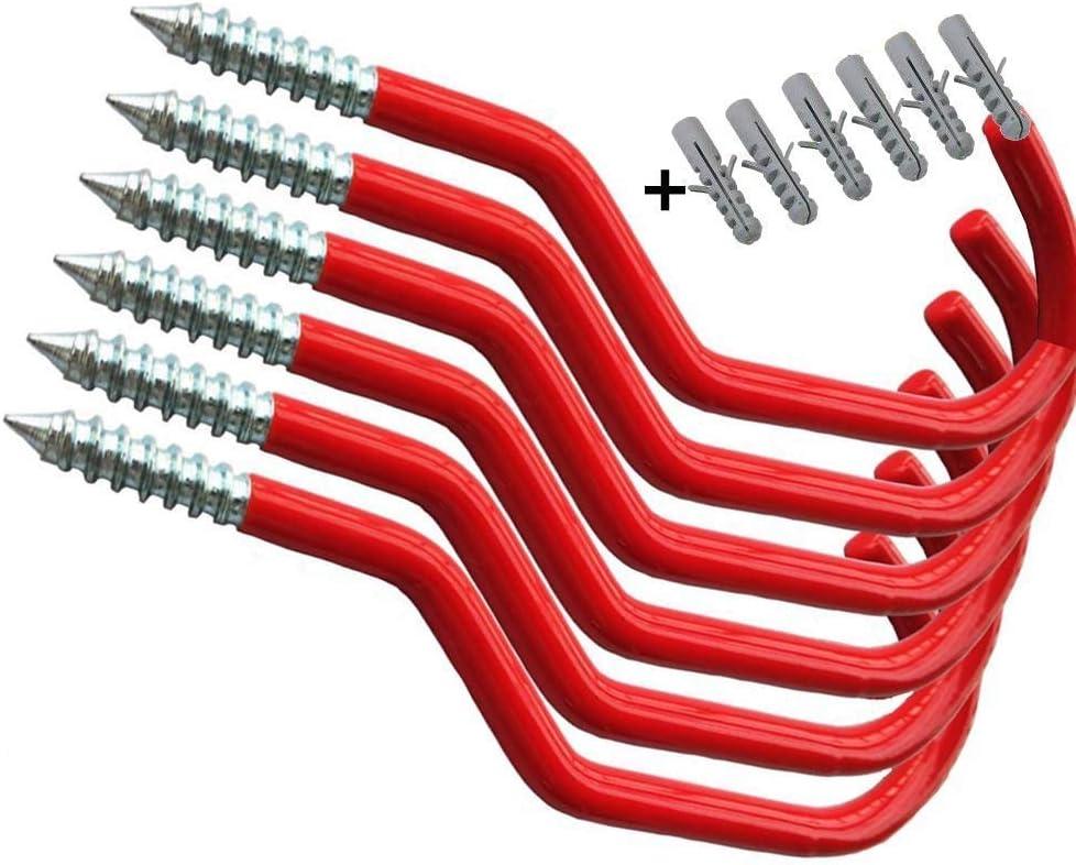 AIYoo Bike Hooks Heavy Duty Bicycle Storage Hooks Set of 6,Screw-in Utility Storage Hangers Shed Garage Garden Hook Plastic Coated for Wall Mount/Ceiling Red