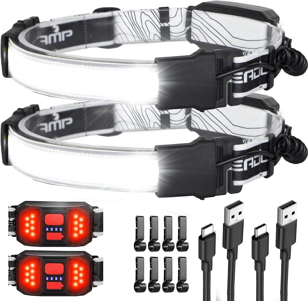 LED Headlamp Flashlight, 1000L 230 Broadbeam Headlight, USB C Rechargeable Head Lamp with Red Taillight, Lightweight Waterproof Headlamps for Camping Running Hiking, Hard Hat Headlamp 2Pack