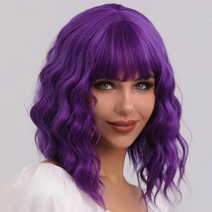 LOSMOEER Dark Purple Wig with Bangs Short Wavy Wigs for Women Shoulder Length Curly Bob Wigs Heat Resistant Synthetic Wigs for Halloween Cosplay Daily Party Use (14 Inch)