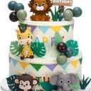 40 Pcs Safari Animal Cake Topper, Realistic Jungle Wild Cake Toppers Animal Figurines with Leaves Grass Balls Cake Decorations for Animals Themed Birthday Party Baby Shower Decorations