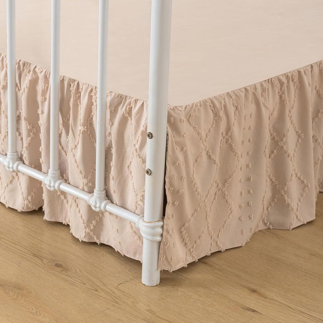 Bed Skirt Full Size Ruffled Bed Skirt with Split Corners, 14 Inch Drop Dust Ruffle Bed Skirts with Platform, Boho Tufted Shabby Chic Full Size Bed Skirts, Cream