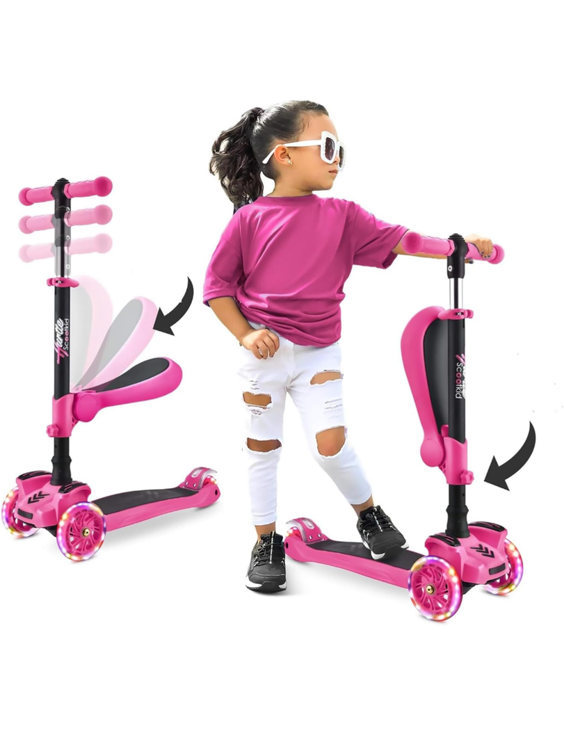 LaScoota 2-in-1 Kids Kick Scooter, Adjustable Height Handlebars and Removable Seat, 3 LED Lighted Wheels and Anti-Slip Deck, for Boys & Girls Aged 3-12 and up to 110 Lbs.