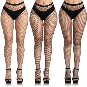 Buauty 3 pcs black fishnet stockings for women, fishnet tights plus size one size fit all