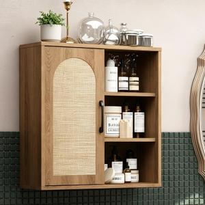RUSTOWN Boho Rattan Wall Cabinet, Mid Century Bathroom Cabinet with Sliding Door, Adjustable Shelves, Over The Toilet Storage Cabinet (Rustic Oak), 58 cm x 60 cm x 20 cm