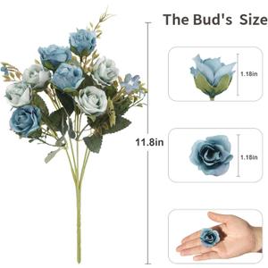 Neendohome  Artificial Flowers Small Roses with Leaf Bouquet for Valentines Decoration Kitchen Wedding Office (1 Pack, Blue)