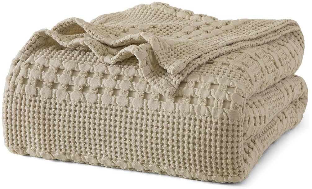 PHF 100% Cotton Waffle Blanket Oversized King 120"x120", Lightweight Breathable Extra Large 10'x10' Summer Blankets for Bed, Giant Big Luxury Aesthetic Woven Bedding for Home Decor, Khaki