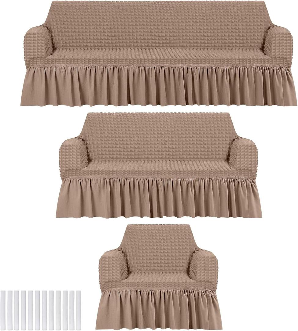 Fanfanwin 3 Pcs Sofa Slipcover Set for Couch Cushion Durable Washable High Elastic Stretchable Furniture Couch Covers with Skirt for Sofa Loveseat Arm Chair(Khaki, Seersucker) 12.4"D x 11.02"W x 7.48"H