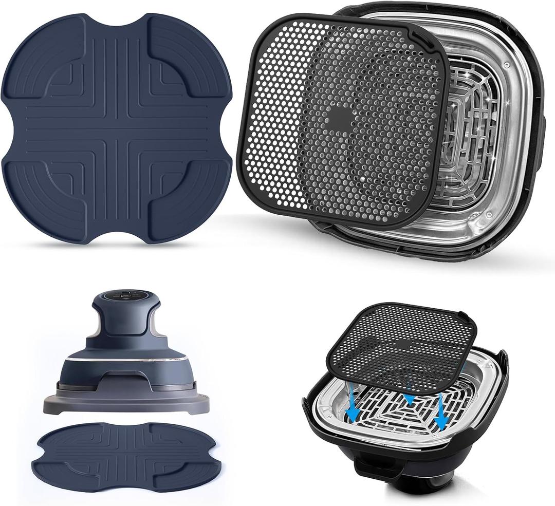 Silicone Mat for Ninja Crispi Air Fryer, Heat-Insulating Trivet for FN101 Containers  Kitchen Splatter Guard, Ninja crispi Accessories Oil Blocker, Keeps Countertop Clean (Dark Blue & Black)