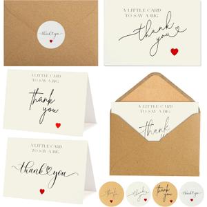 100 Bulk Thank You Cards with Kraft Envelopes and Stickers - 4 Minimalistic Designs Blank Thank You Notes with Envelopes and Heart for Business Wedding Bridal Gift Baby Shower Business Graduation