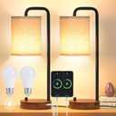 Table Lamps Set of 2 with USB Ports and Wooden Base, Bedside Nightstand Lamps with Warm White Bulbs, Fabric Shade for Bedroom, Living Room, Office, Boho