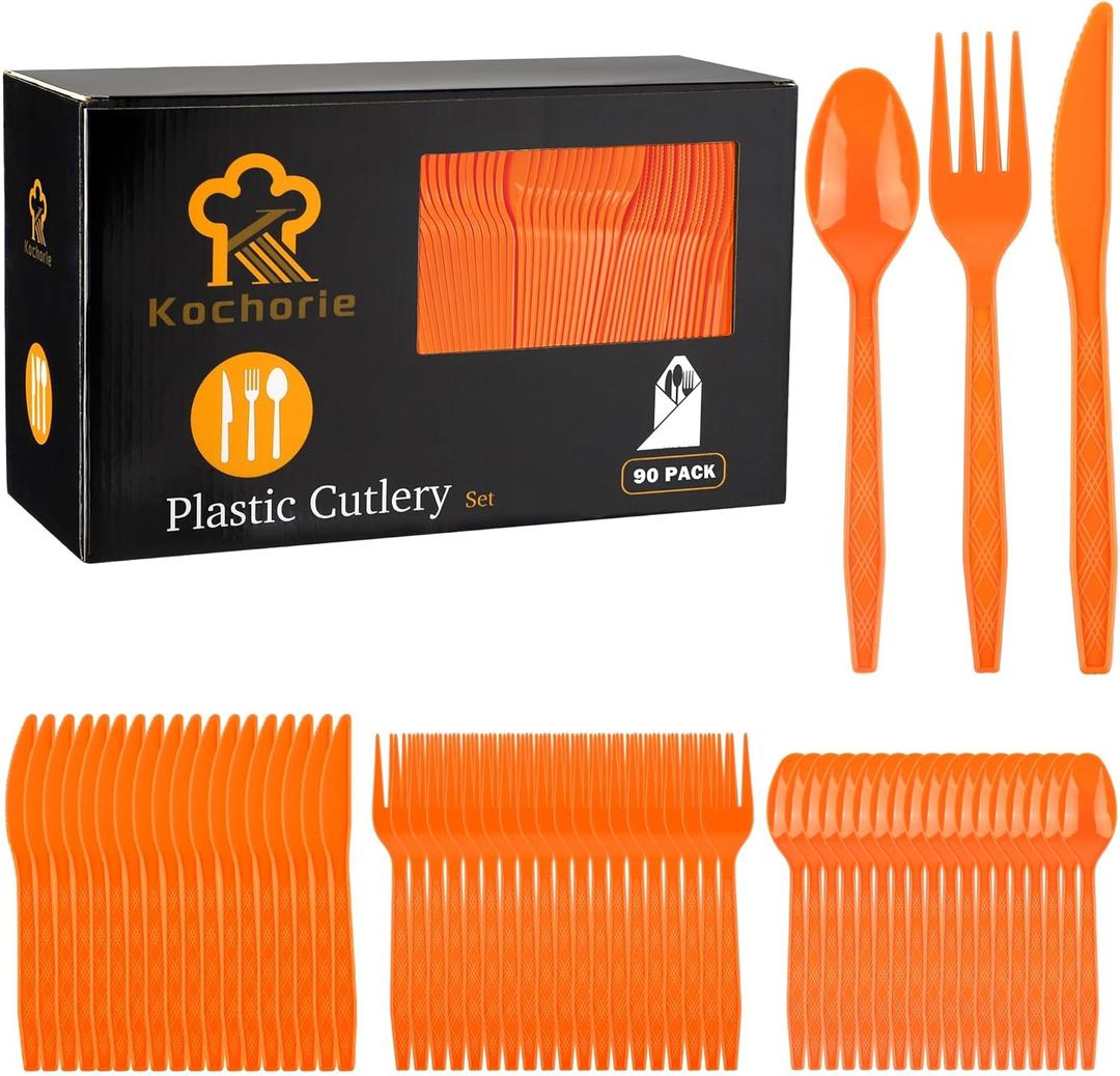 Kochorie 90 Pieces Thanksgiving Plastic Cutlery Set Disposable Orange Plastic Utensils Heavy Duty Flatware Set Includes 30 Knives 30 Forks 30 Spoons for Thanksgiving Party Wedding Birthday