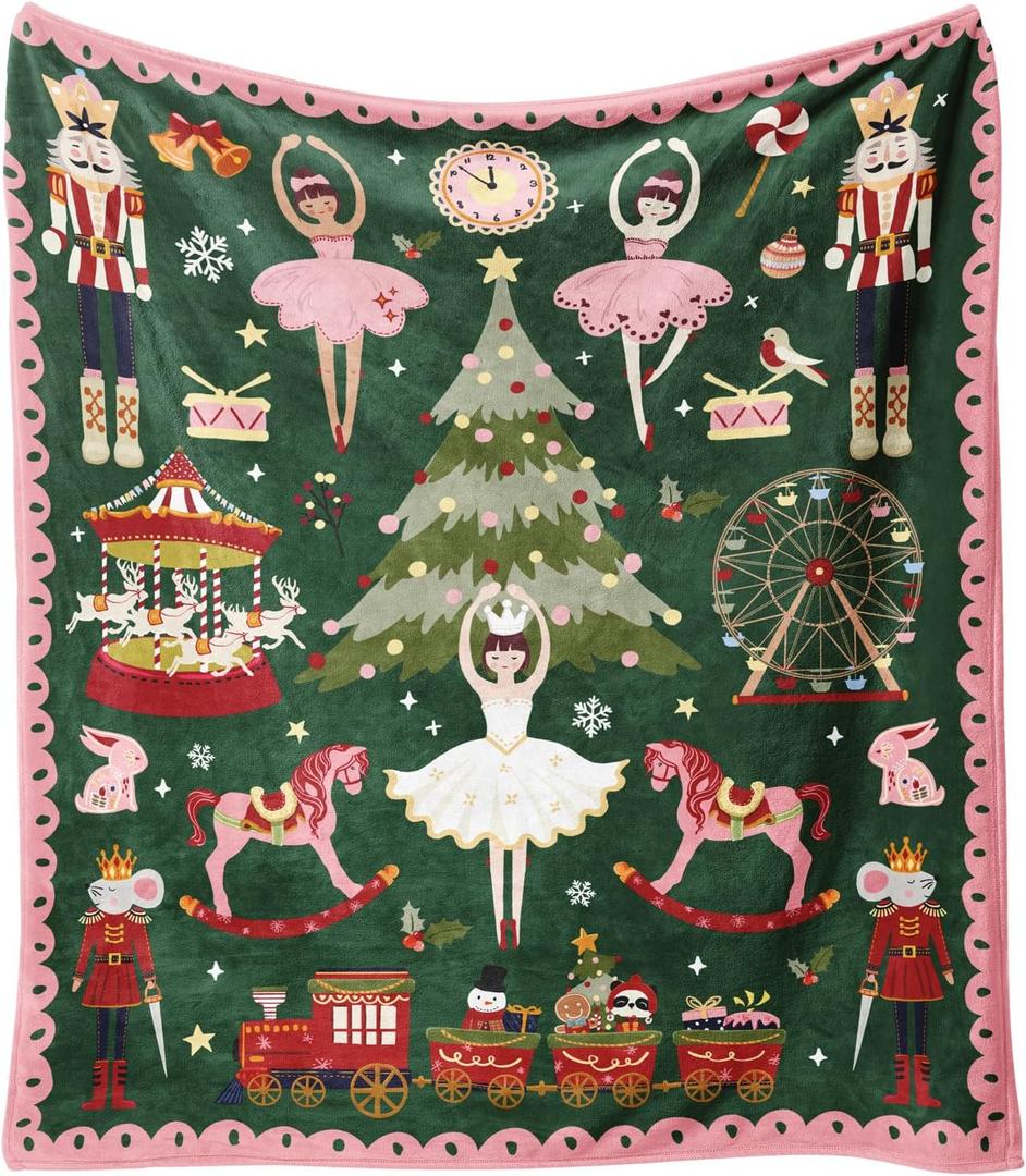 Christmas Throw Blanket for Couch 60x50,Green Winter Holiday Festival Cute Xmas Nutcracker Christmas Tree Blankets for Woman,Soft Flannel Fleece Blankets for Home Living Room Bed Chair Decor