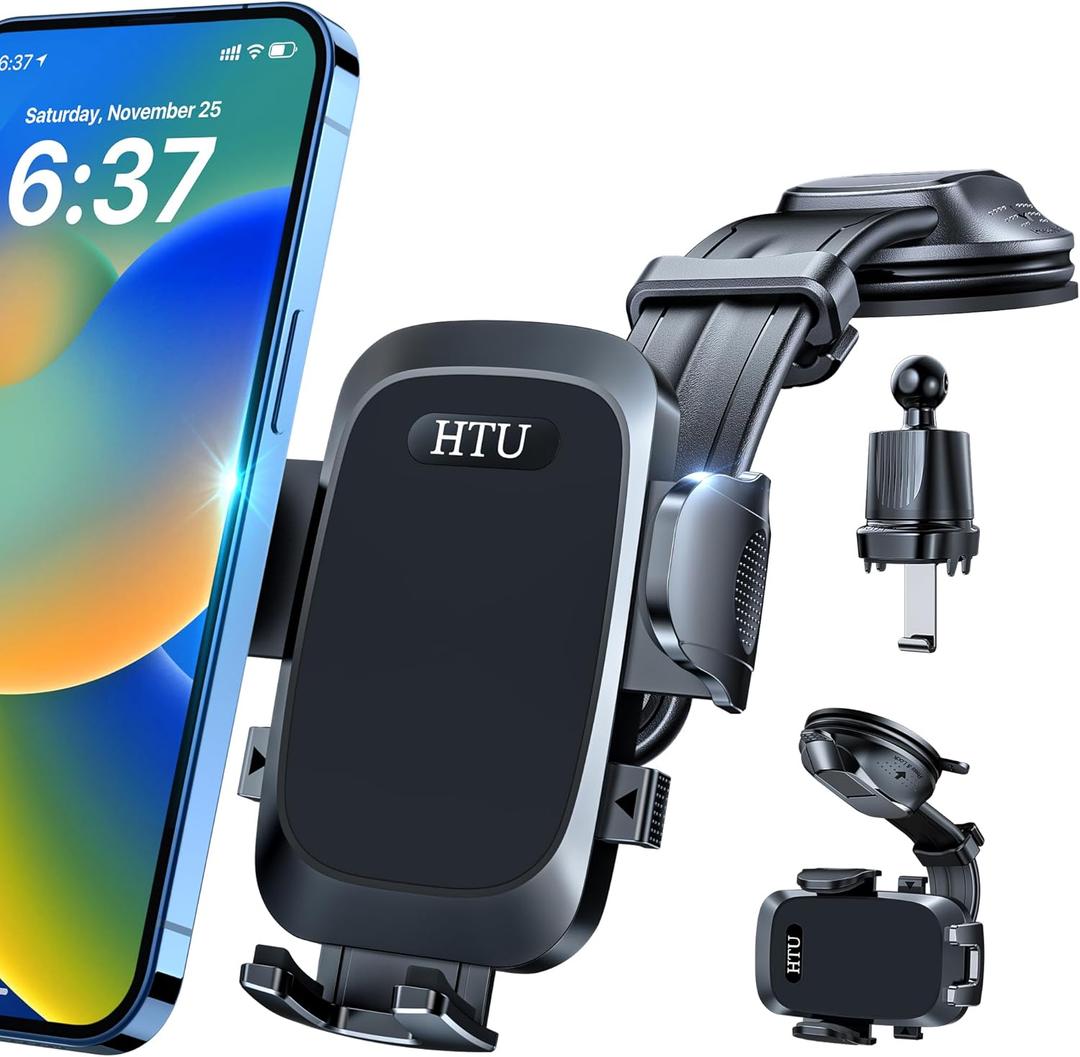 HTU [True Military-Grade Car Phone Holder [2025 Upgraded Strongest Suction & Vent Clip] Cell Phone Car Mount for Dashboard Windshield Vent Truck Cradle Dash Stand,(Black)