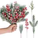 Lyrow 80 Pieces Christmas Snowy Pine Tree Picks Artificial Berry Stems Sprays Faux Cedar Pine Needles Branches for Holiday Arrangement Wreath DIY Garland Holiday Decor Winter Greenery (Red)