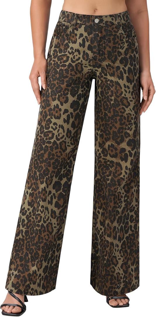 roswear Women's Wide Leg High Waisted Jeans Stretchy Trendy Denim Jeans (Leopard Yellow, XL)