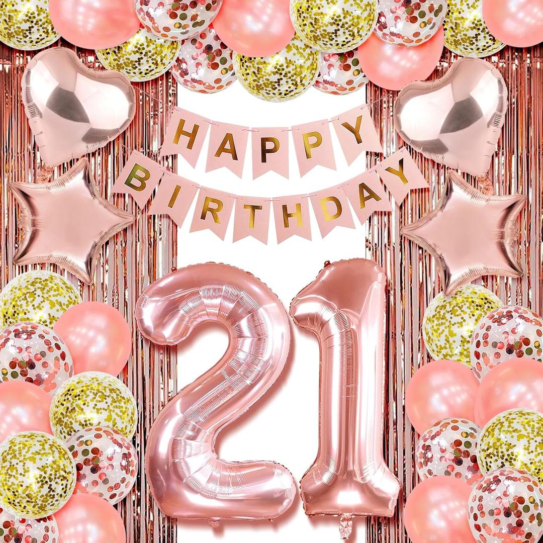 Rose Gold 21st Birthday Party Decor - Happy 21st Decorations for Women & Girls