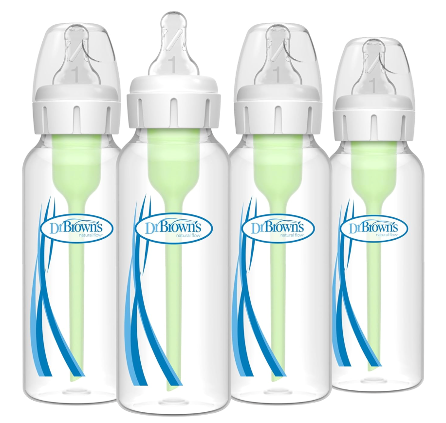 Dr. Brown's AntiColic Options+ Narrow Glass Baby Bottle with Level 1 Slow Flow Nipple, BPAFree, 8 oz/250 mL, 0m+, 4Pack