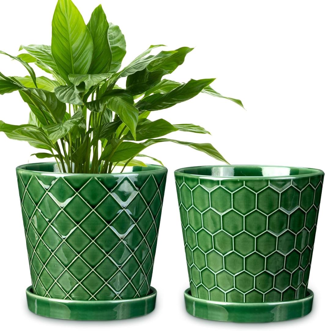 EFISPSS 6 Inch Plant Pot,Ceramic Pots for Plants with Drainage,Flower Pots Indoor Pots for Plants, Modern Flower Pots for Home and Office,Set of 2 - Patina (Green)