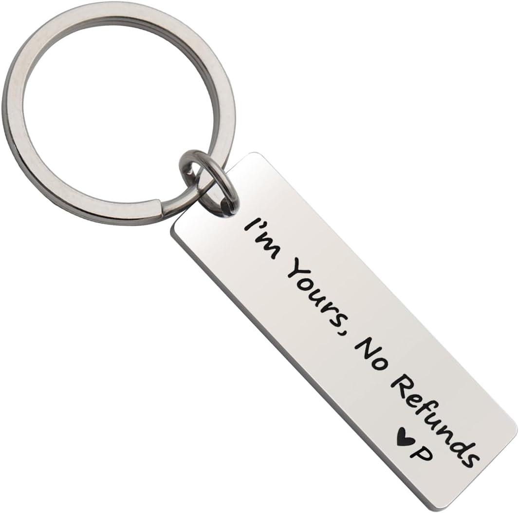 Beeshion Funny Keychain for Couples I'm Yours No Refunds Keychain Engraved Initial Personalized Gift for Husband Boyfriend
