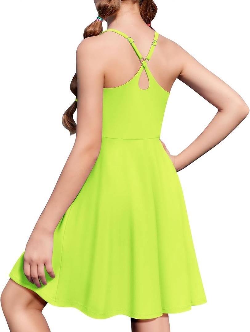 Zaclotre Girls Dresses with Romper Shorts and Pockets Summer Adjustable Spaghetti Straps Athletic Golf Tennis Dress for Kids (7-8 Years, Neon Green)
