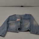 Kedera Women Denim Jacket Button Down Collarless 3/4 Sleeve Cropped Jean Jacket (Small, Blue)