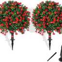 Grooy Artificial Boxwood Topiary Tree with Rose, Set of 2 Artificial Shrub Bushes with Ground Spike, Fake Evergreen Tree for Porch, Artificial Plants for Outdoor Planters Indoor UV Resistant